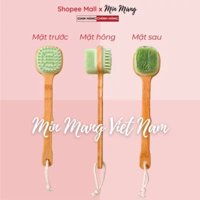 Cây Chà Lưng Bàn Chải Tắm Bằng Silicon 2 Mặt Mềm Mại An Toàn Cho Da Nhạy Cảm Tay Cầm Tre Cao Cấp